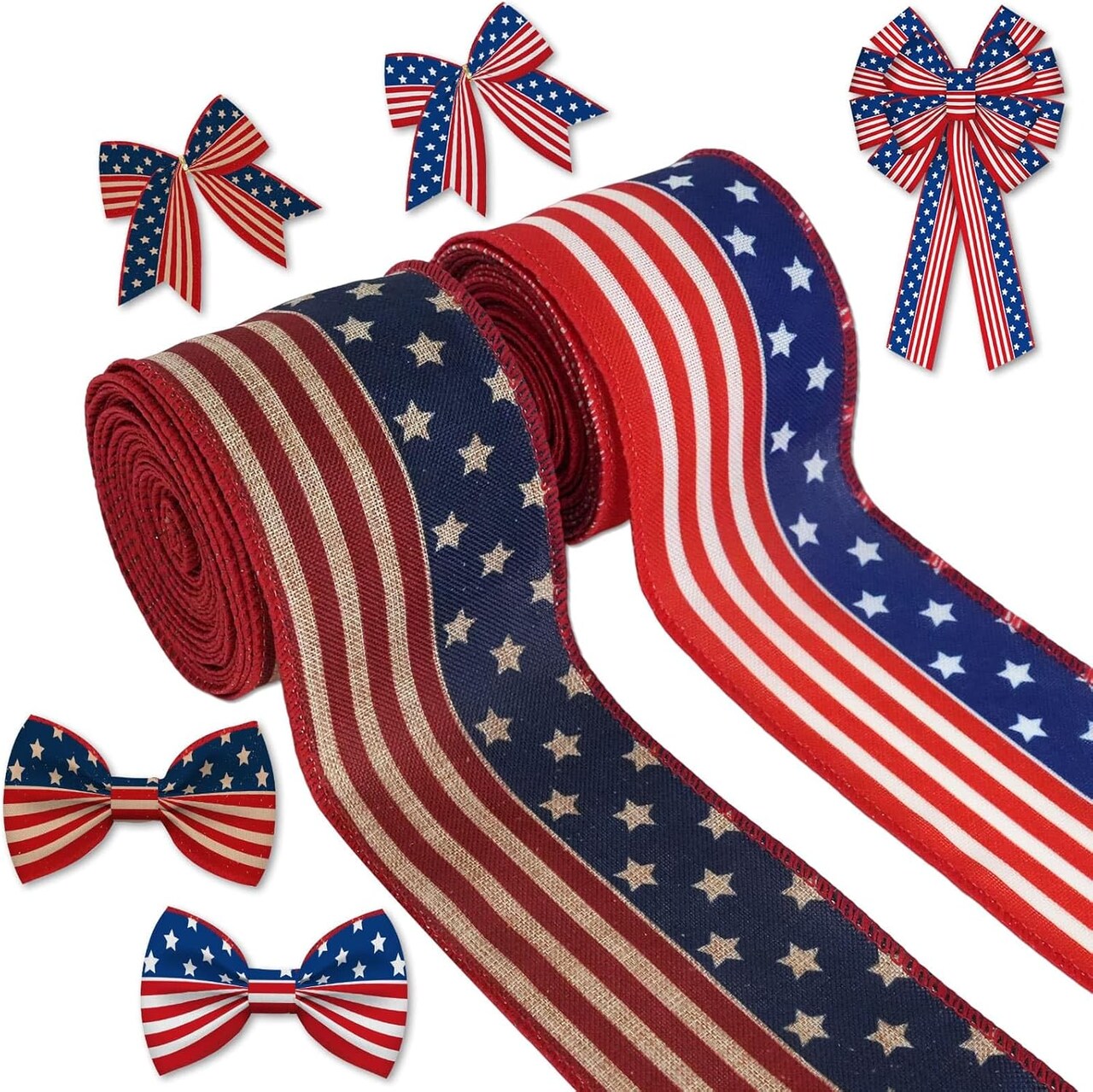 2 Rolls Patriotic Ribbon - American Flag Wired Ribbon Set, Vintage & Classic USA Stars and Stripes Decoration